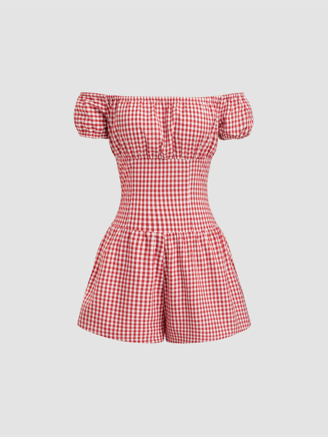 Cotton-blend Off-shoulder Gingham Shirred Puff Sleeve Micro Romper