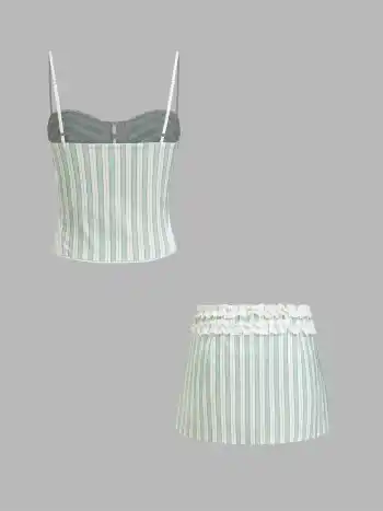 Set aus Spitzkragen Streifen Cami-Top und Mini-Skirt mit Low-Rise und Salatrand