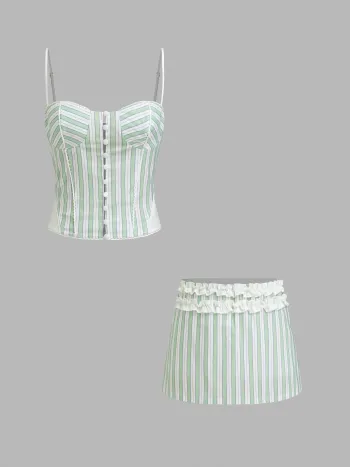 Set aus Spitzkragen Streifen Cami-Top und Mini-Skirt mit Low-Rise und Salatrand