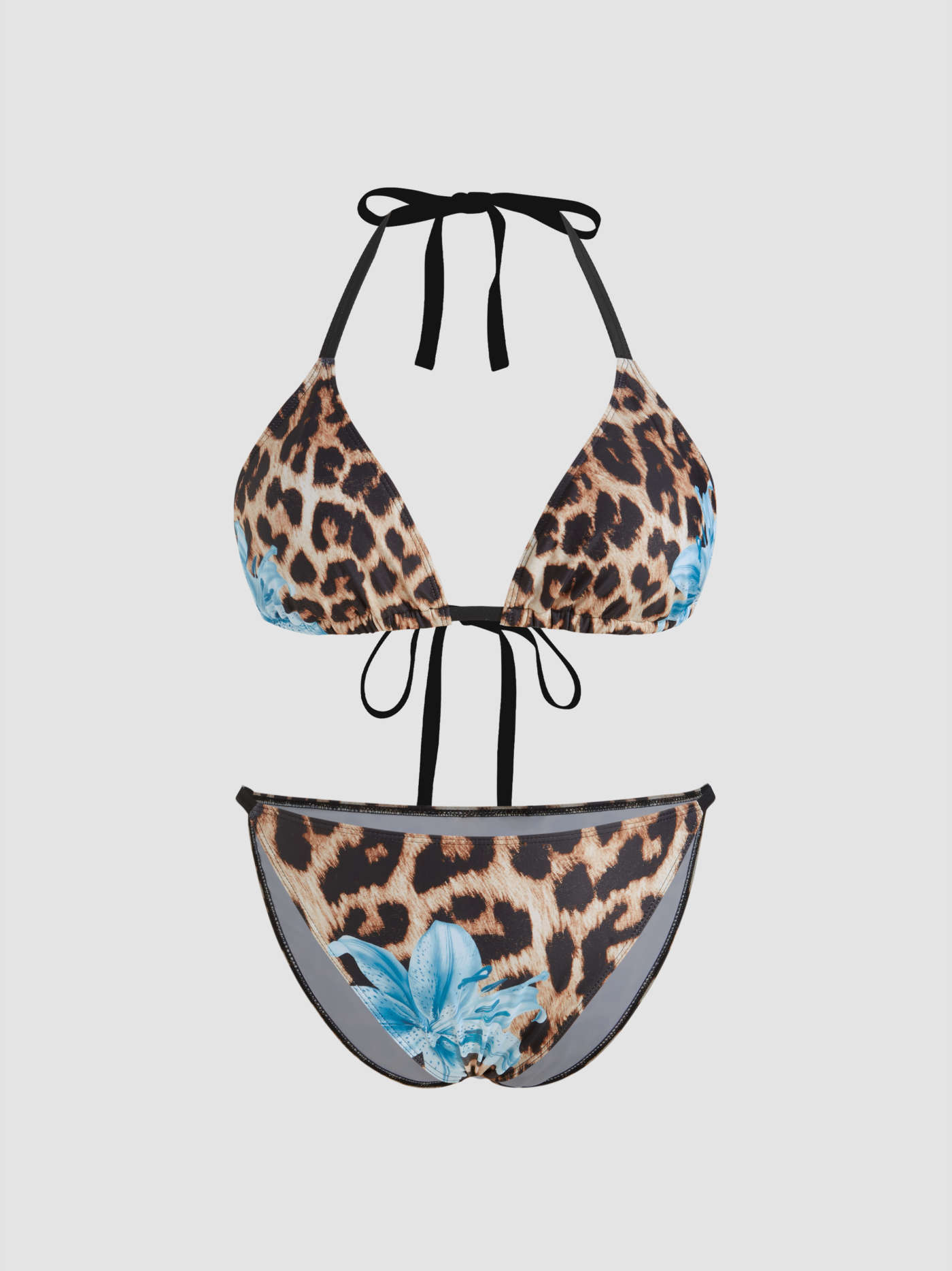Knit Fabric V-neck Floral Leopard Halter Cheeky Bikini Set With Sarong Curve & Plus For Vacation Swimming Pool