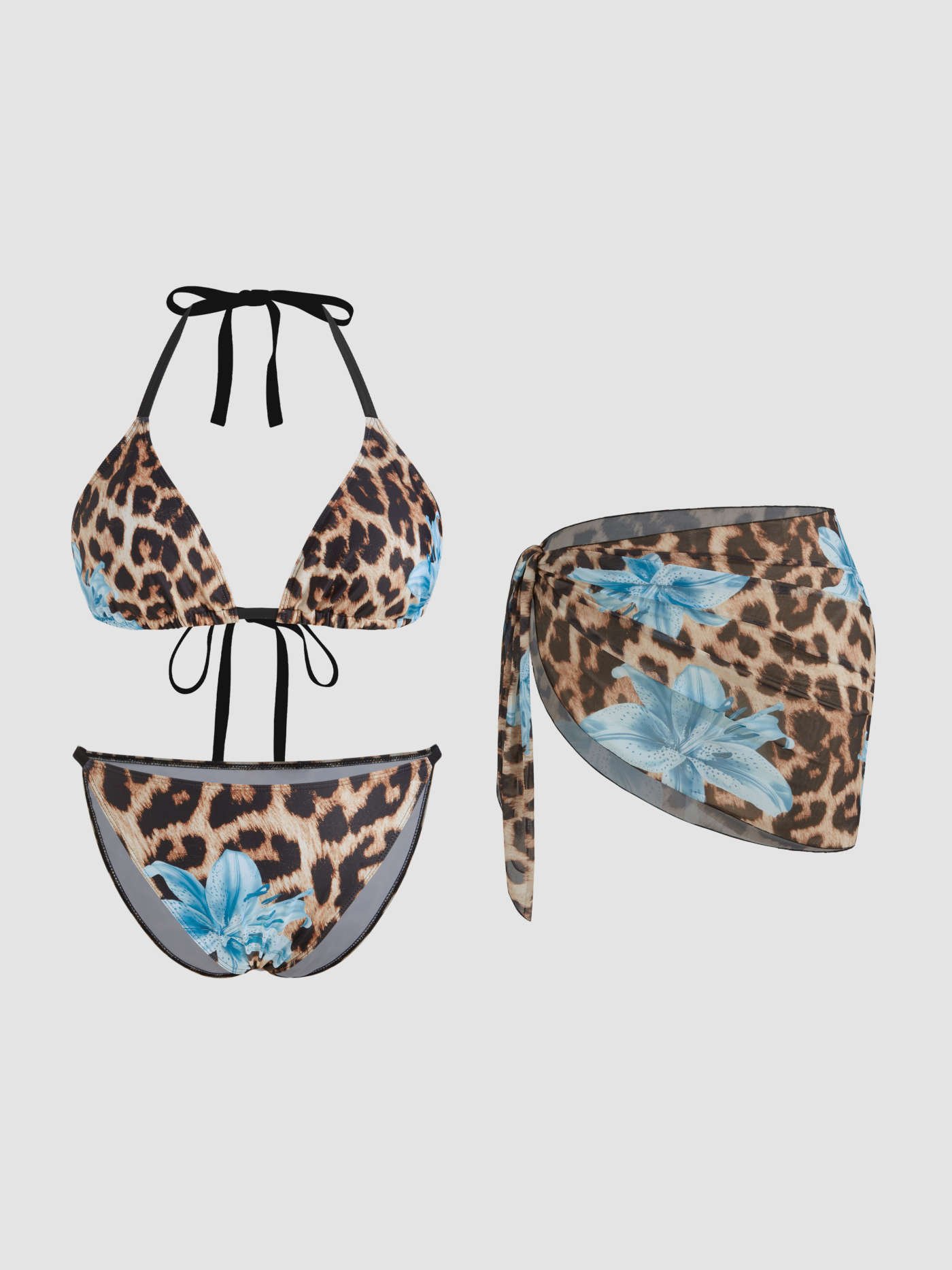 Knit Fabric V-neck Floral Leopard Halter Cheeky Bikini Set With Sarong Curve & Plus For Vacation Swimming Pool