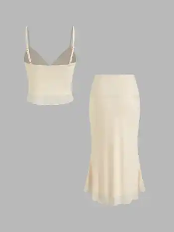 Mesh V-Ausschnitt Schleifen-Crop Cami-Top & Mittelhohe Salatrand-Skirt-Set