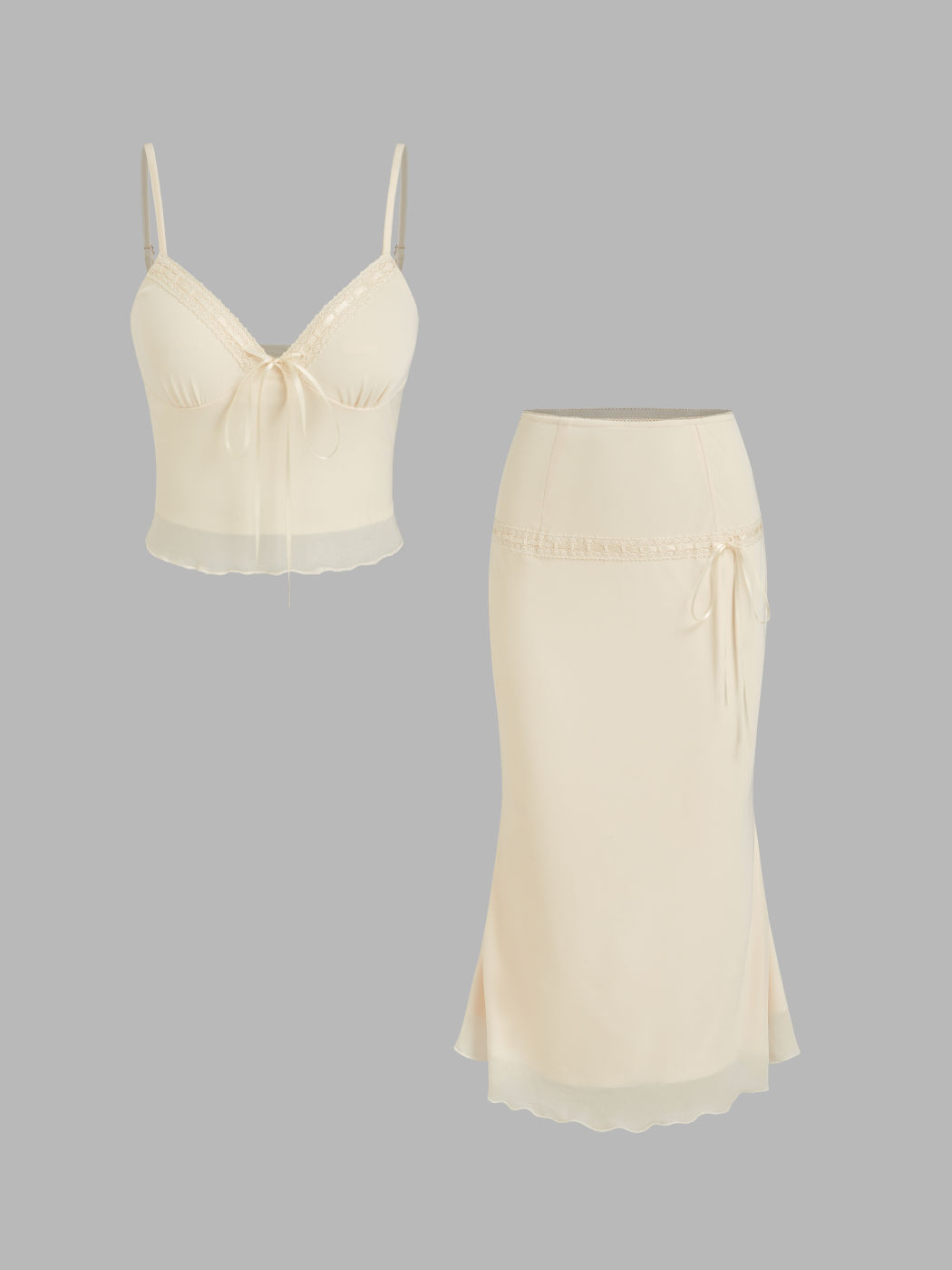 Mesh V-neck Bowknot Crop Cami Top & Mid Rise Lettuce Trim Skirt Set
