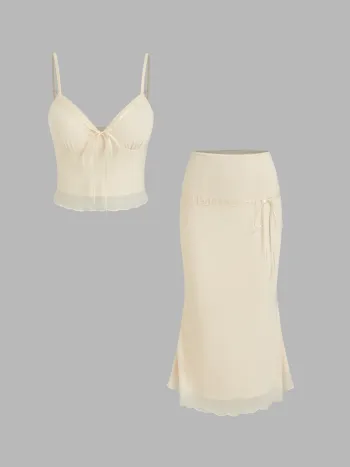 Mesh V-Ausschnitt Schleifen-Crop Cami-Top & Mittelhohe Salatrand-Skirt-Set