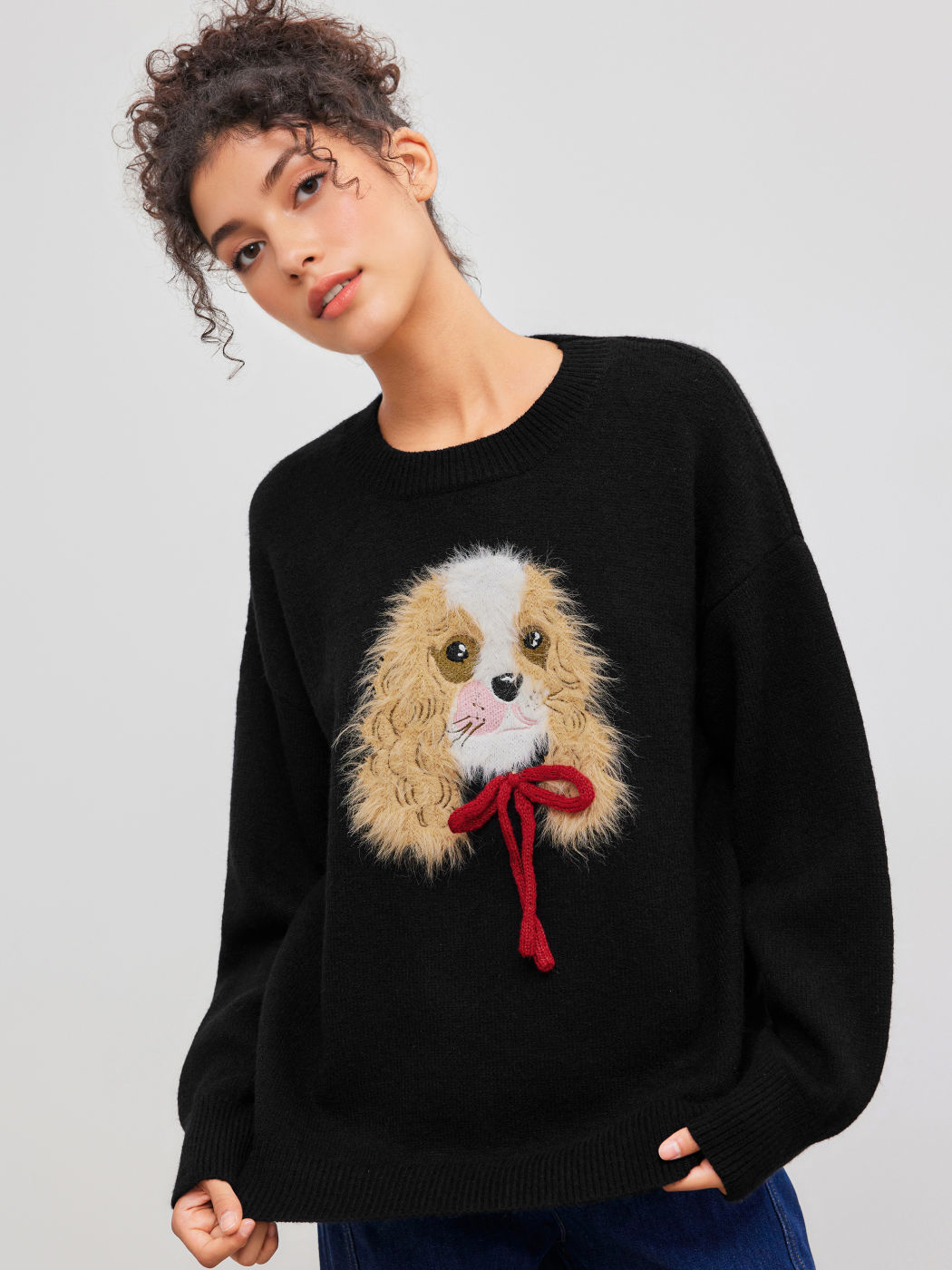 Knit Round Neckline Plush Dog Graphic Bowknot  Sweater