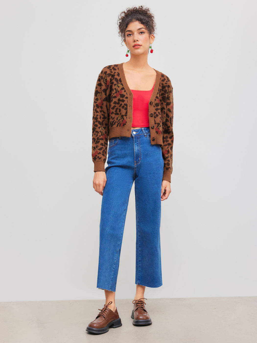Knit V-neck Leopard Cherry Button Cardigan