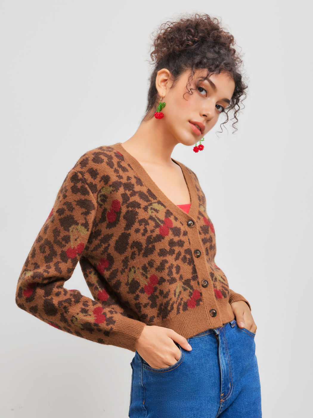 Knit V-neck Leopard Cherry Button Cardigan