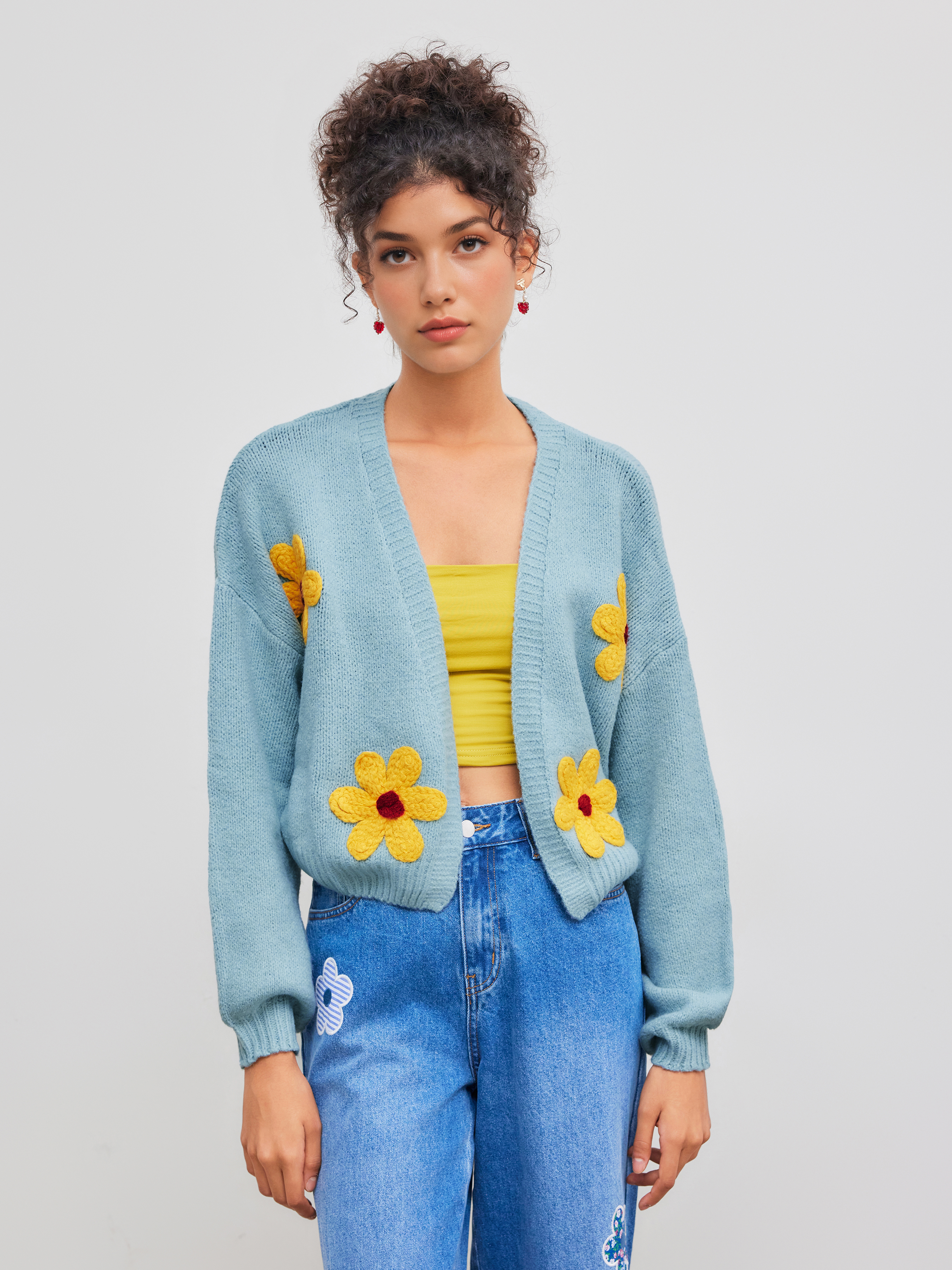 Knit Fabric Knit Deep V Floral Cardigan For School