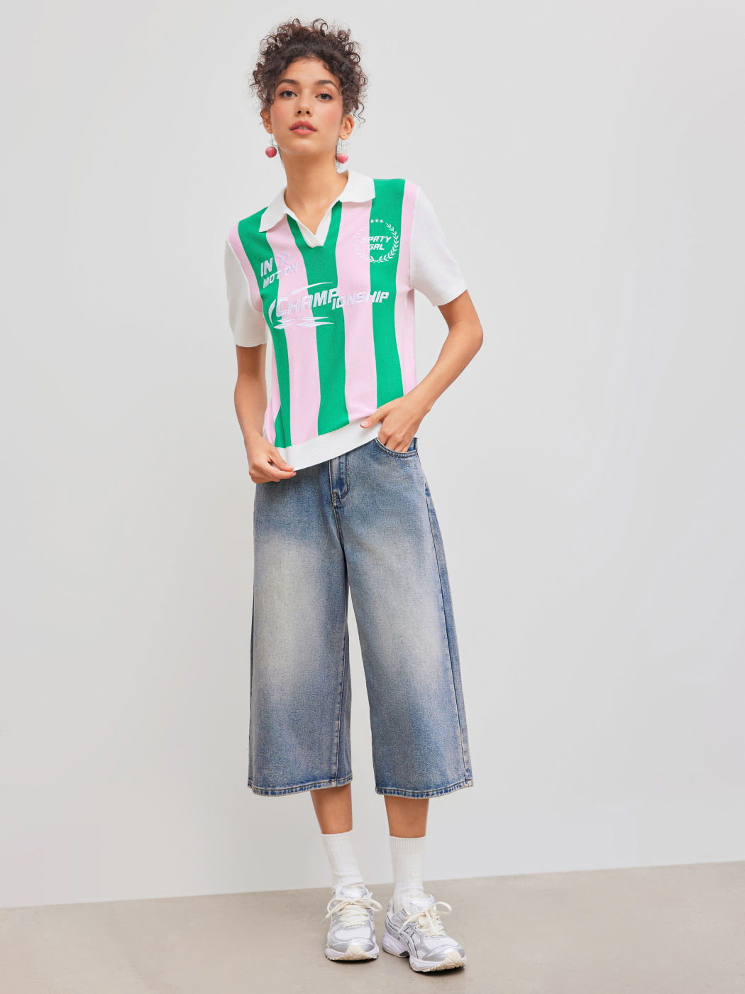 CHAMPIONSHIP Knitted Polo Striped Short Sleeve Top