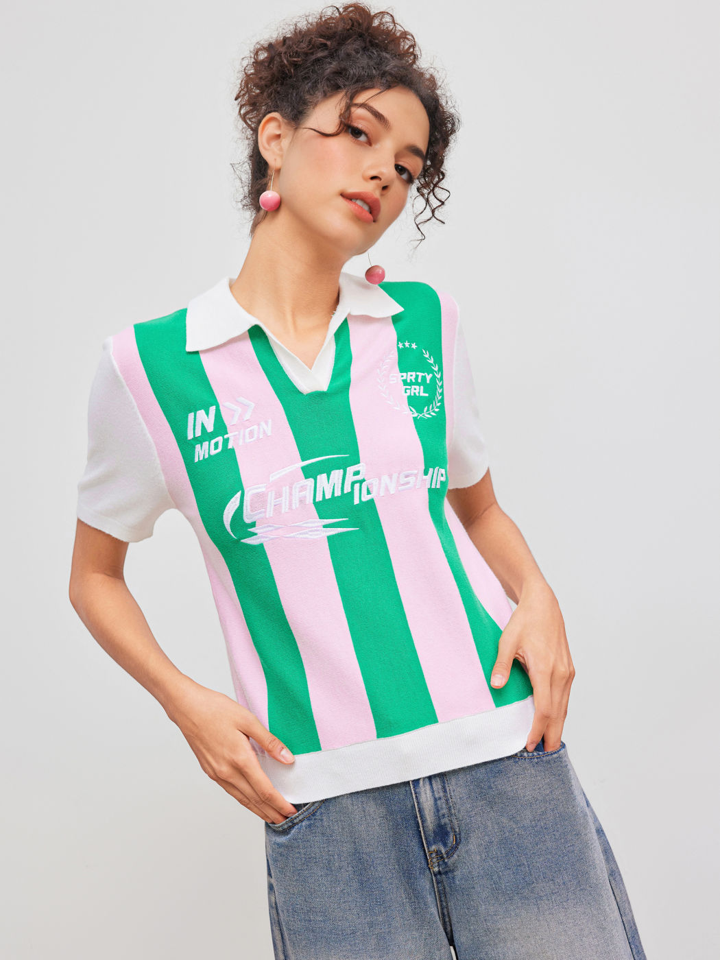CHAMPIONSHIP Knitted Polo Striped Short Sleeve Top