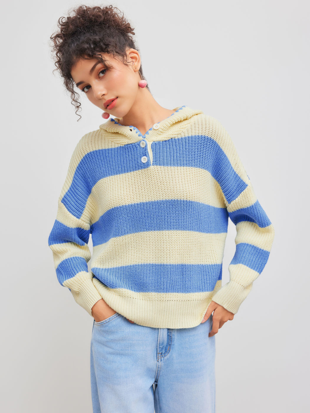 Knit Hooded Striped Button Long Sleeve Top