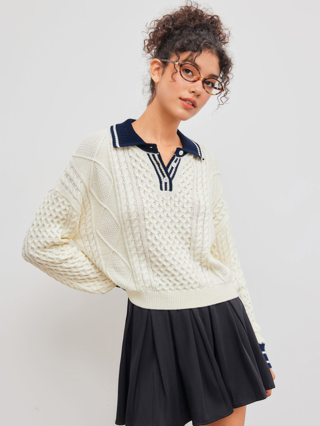 Zopfmuster Polo Kragen Kontrast Strickpullover