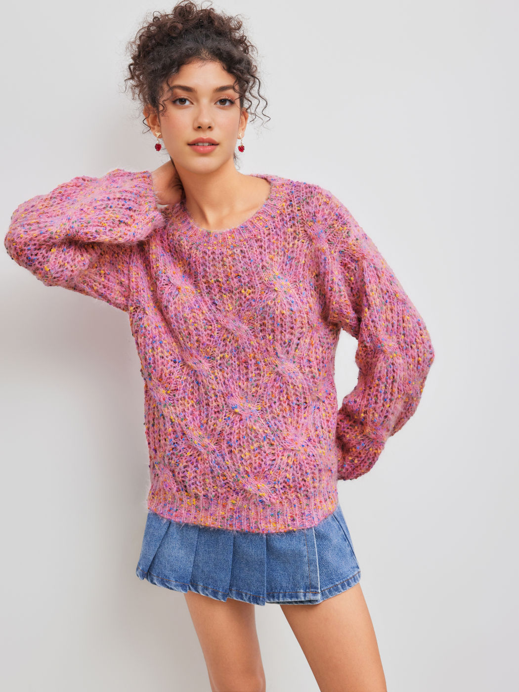 Cable Knit Round Neckline Colorful Sweater