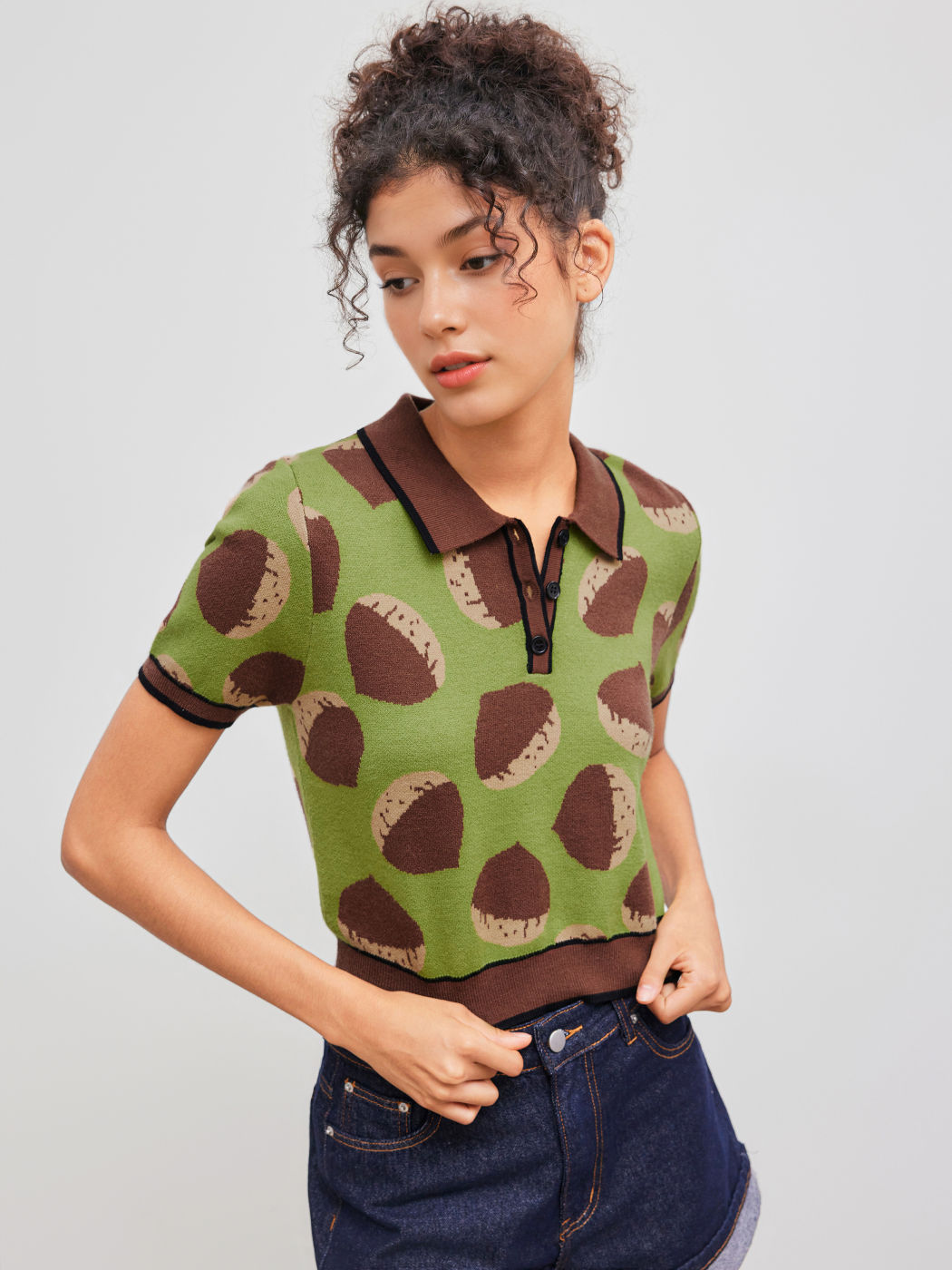 Knitted Polo Chestnut Short Sleeve Top