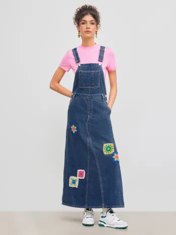 Jeansstickerei Blumen Tasche Schnallen Maxikleid