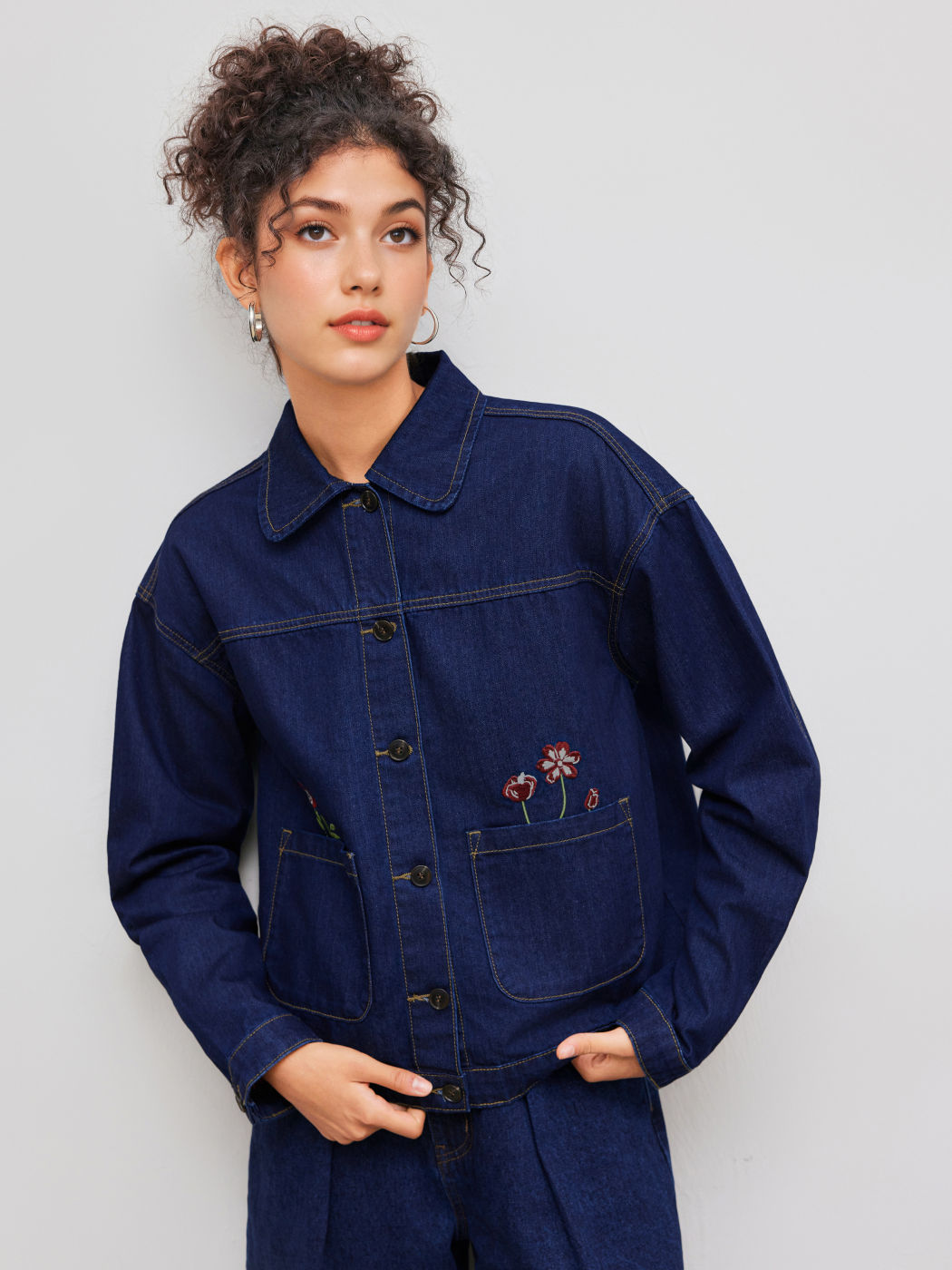 Denim Collar Floral Pocket Crop Oversized Jacket