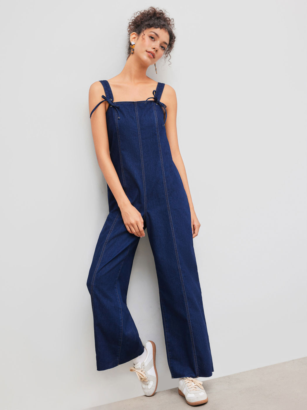 Denim Solid Bowknot Pocket Zipper Jumpsuit