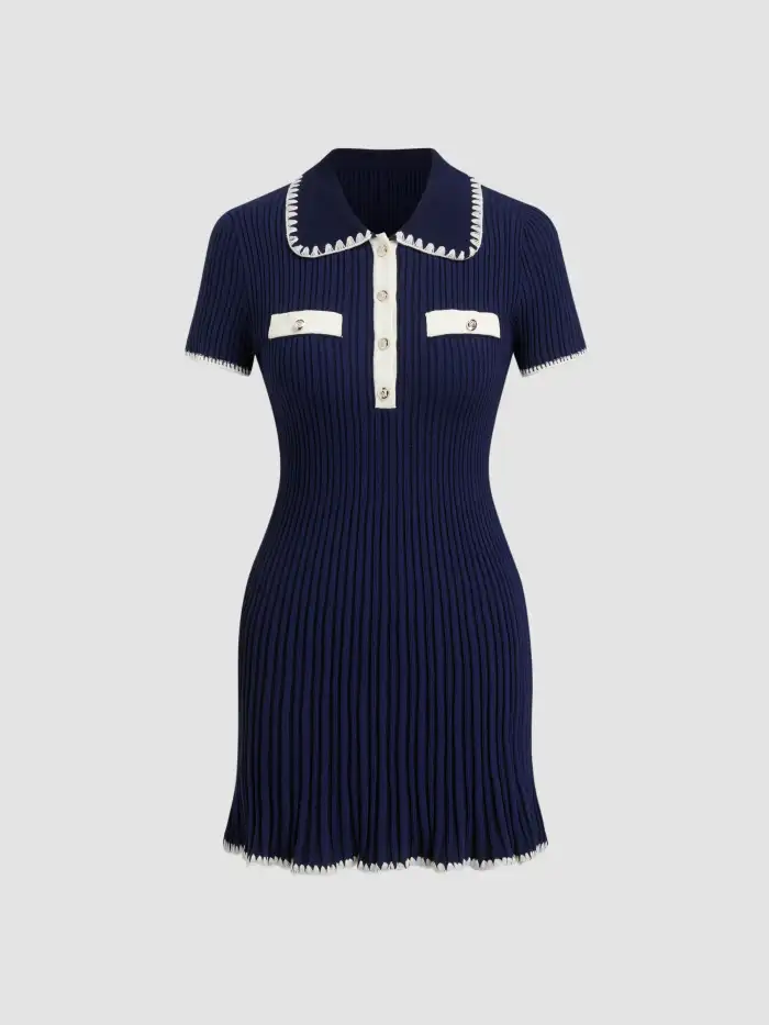 Knit Fabric Knit Collar Contrasting Binding Mini Dress For Daily Casual
