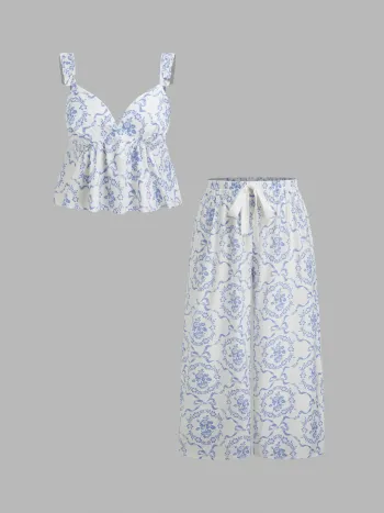 Sweetheart Floral Bowknot Cami Top & Mid Rise Drawstring Trousers Loungewear Set Curve & Plus