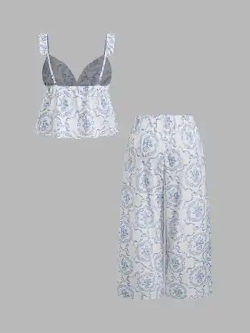 Sweetheart Floral Bowknot Cami Top & Mid Rise Drawstring Trousers Loungewear Set Curve & Plus