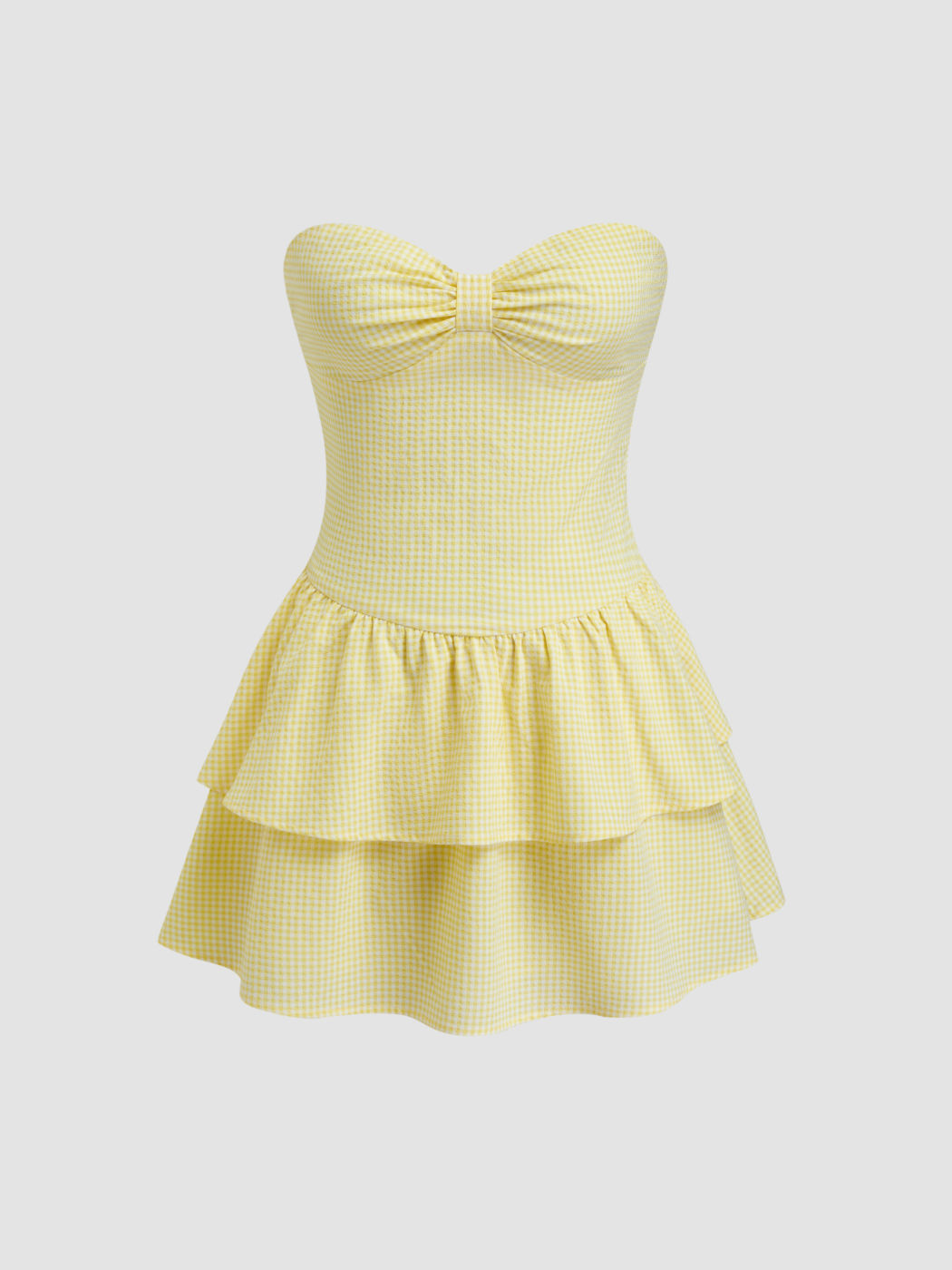 Bowknot Check Shirred Ruffle Layered Bandeau Mini Dress