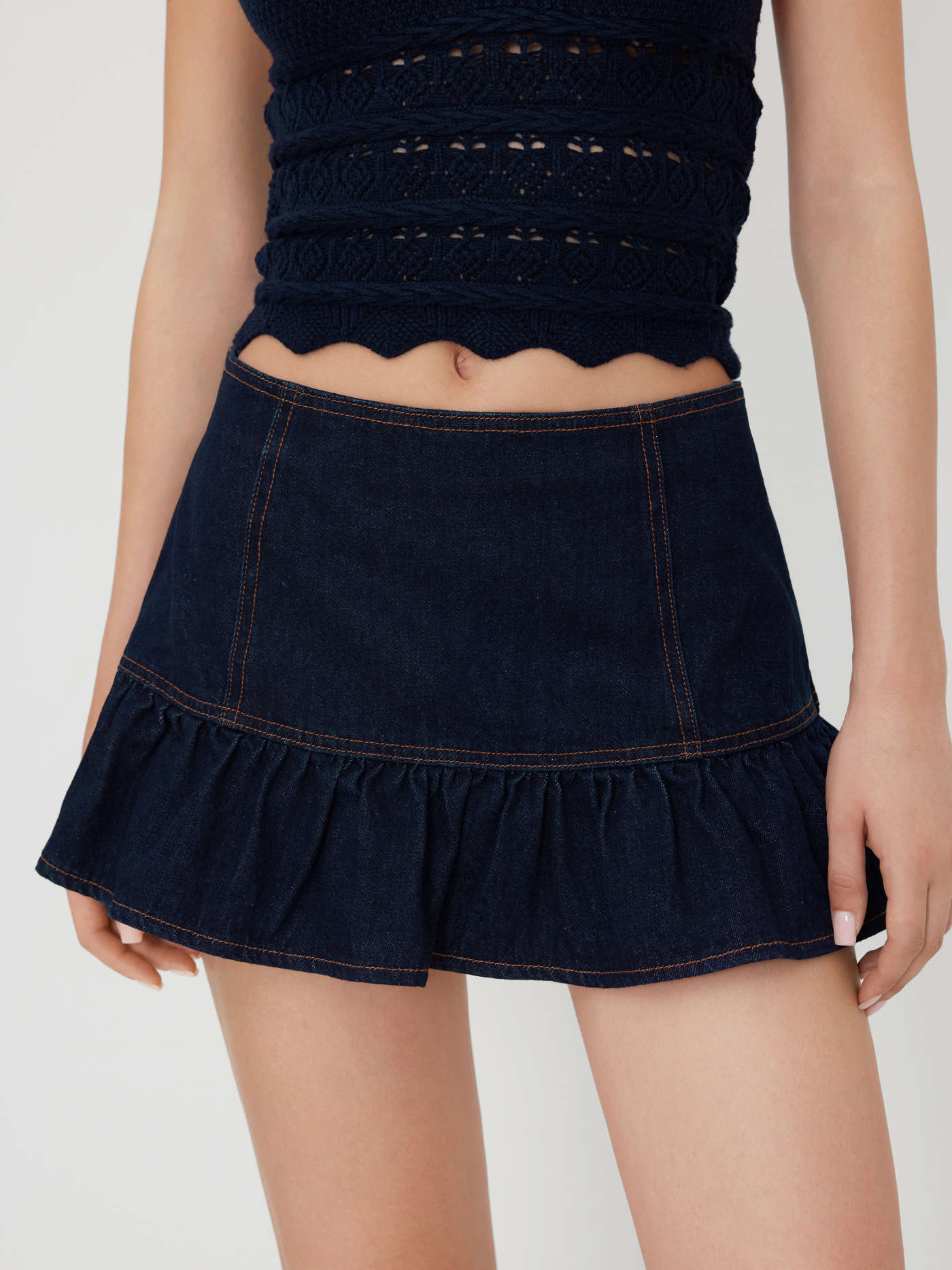 Stretch Denim Low Rise Ruffle Hem Micro Mini Skirt
