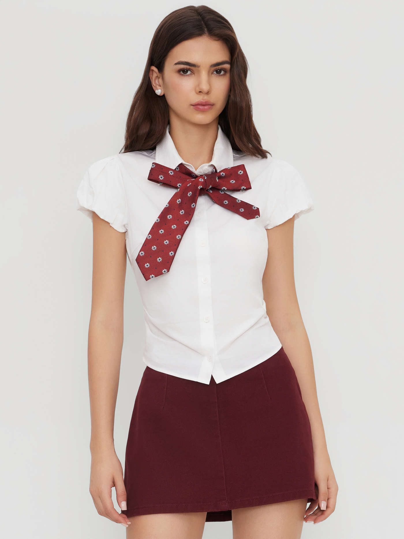 100% Cotton Collar Ruched Puff Sleeve Shirt