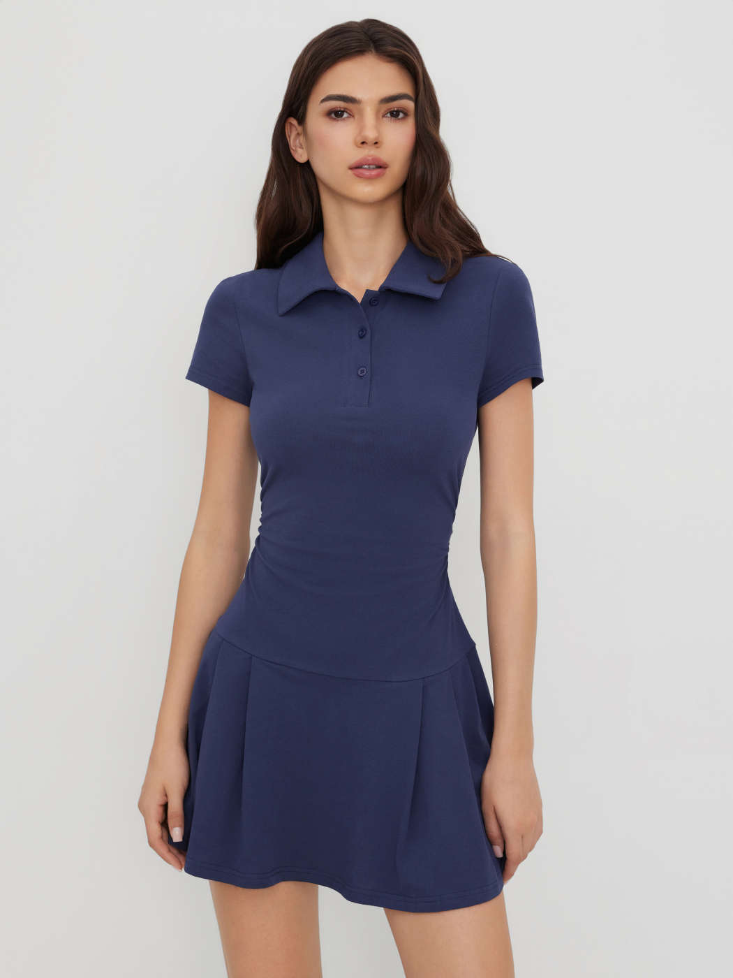 Knit Fabric Cotton-blend Polo Ruched Pleated Mini Dress For School