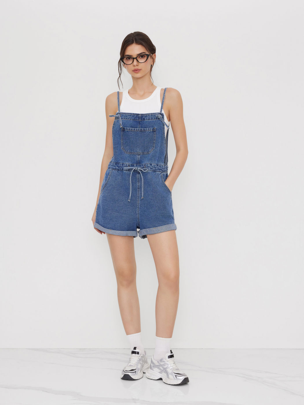Denim Drawstring Knotted Roll Hem Romper