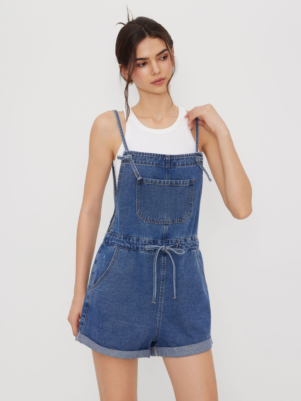 Denim Drawstring Knotted Roll Hem Romper