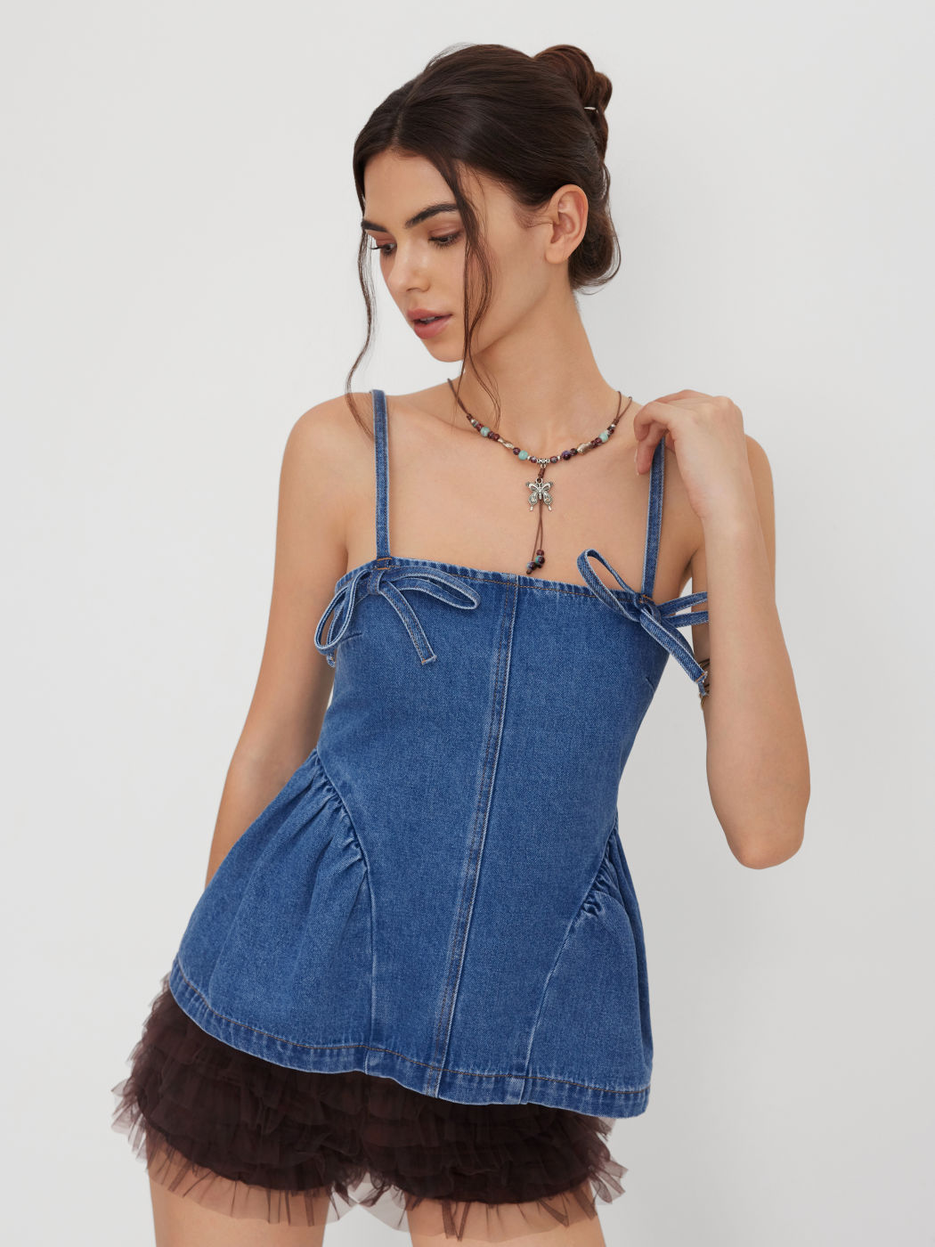 Denim Knotted Ruffle Hem Shirred Oversized Cami Top