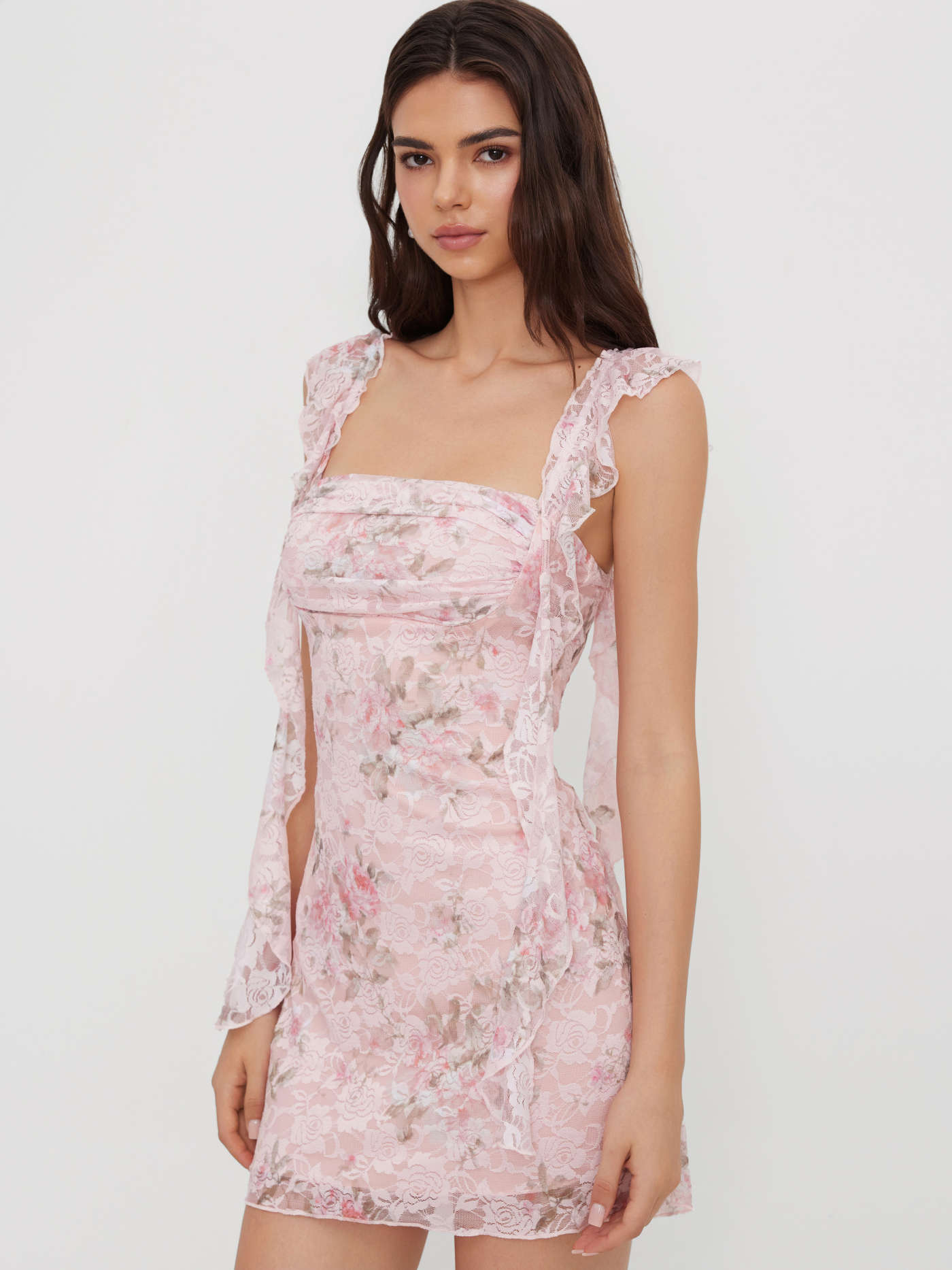 Square Neck Lace Floral Ruffle Hem Ruched Mini Dress