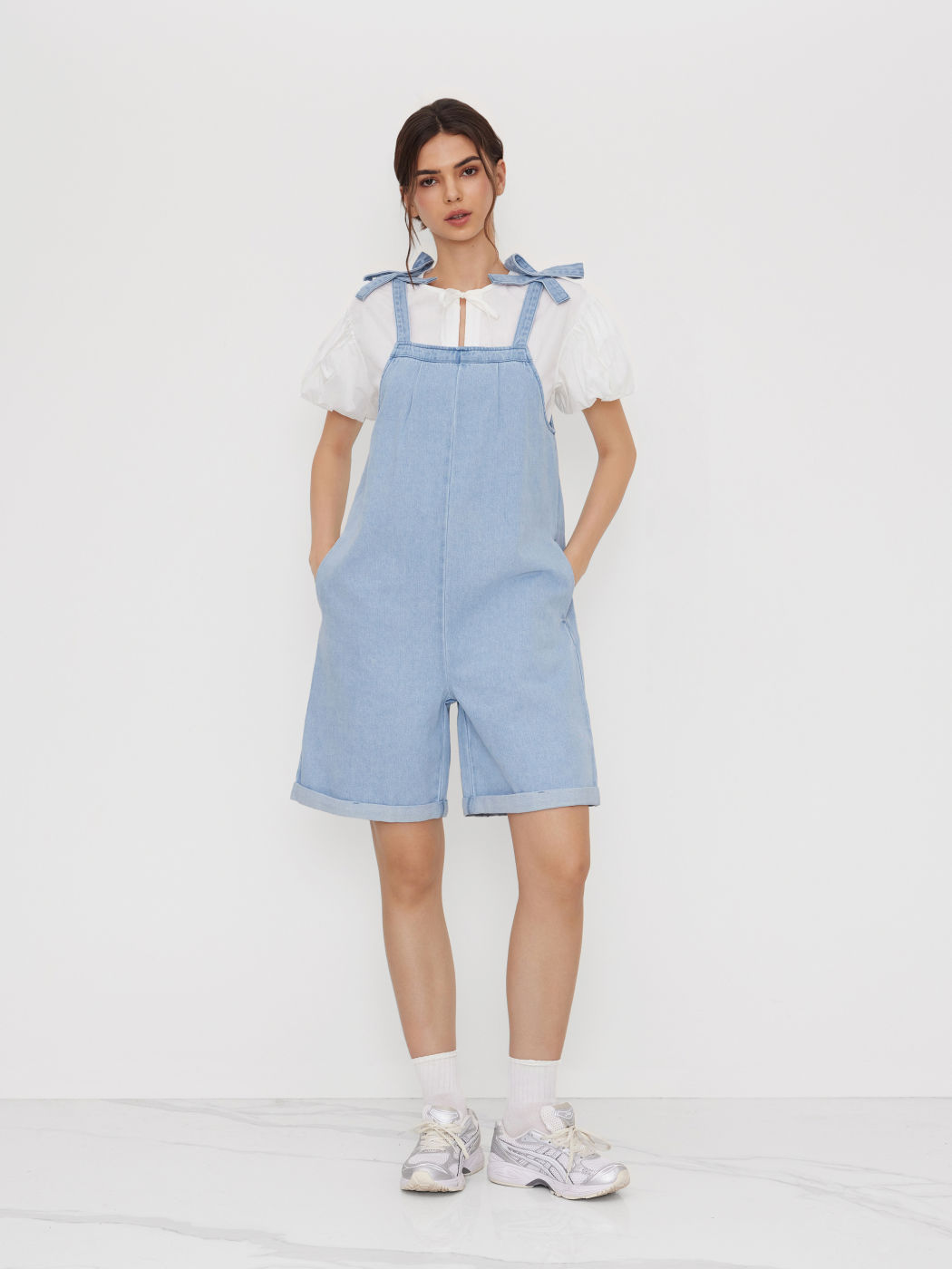 Denim Bowknot Roll Hem WideLeg Romper