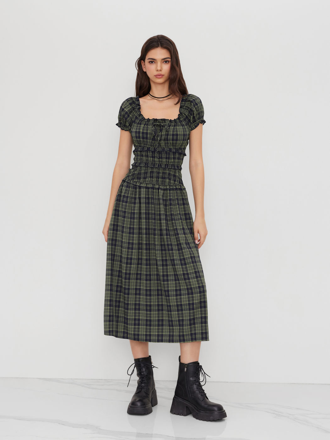 Square Neck Plaid Lettuce Trim Shirred Knotted Maxi Dress