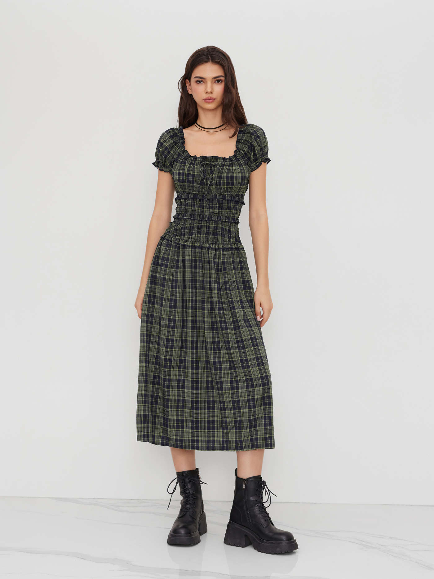 Square Neck Plaid Lettuce Trim Shirred Knotted Maxi Dress