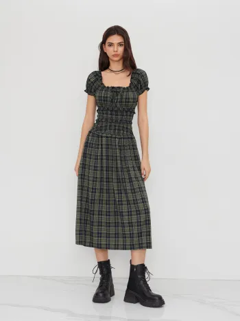 Square Neck Plaid Lettuce Trim Shirred Knotted Maxi Dress