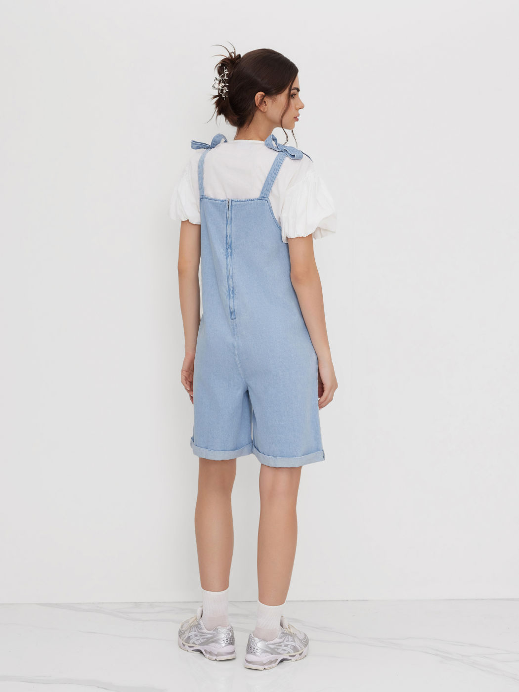 Denim Bowknot Roll Hem WideLeg Romper