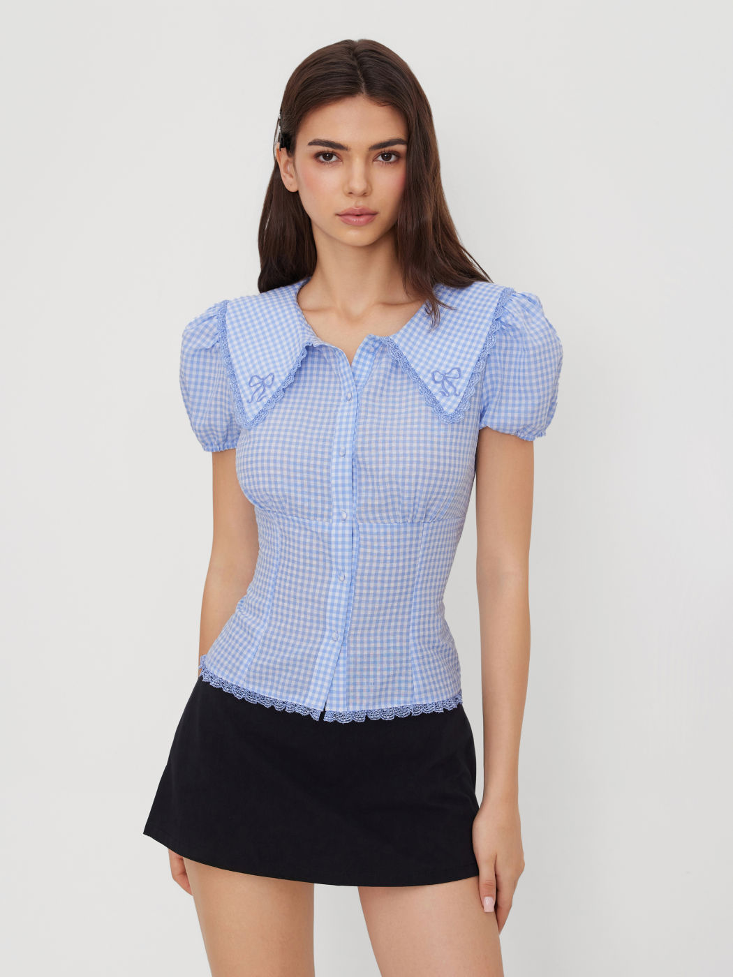 Camicette a maniche a sbuffo con colletto Peter Pan in misto cotone, motivo gingham e finiture in pizzo