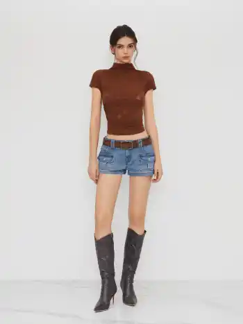 Stretch Cider Denim Niederliegende Taschen Mikro Shorts