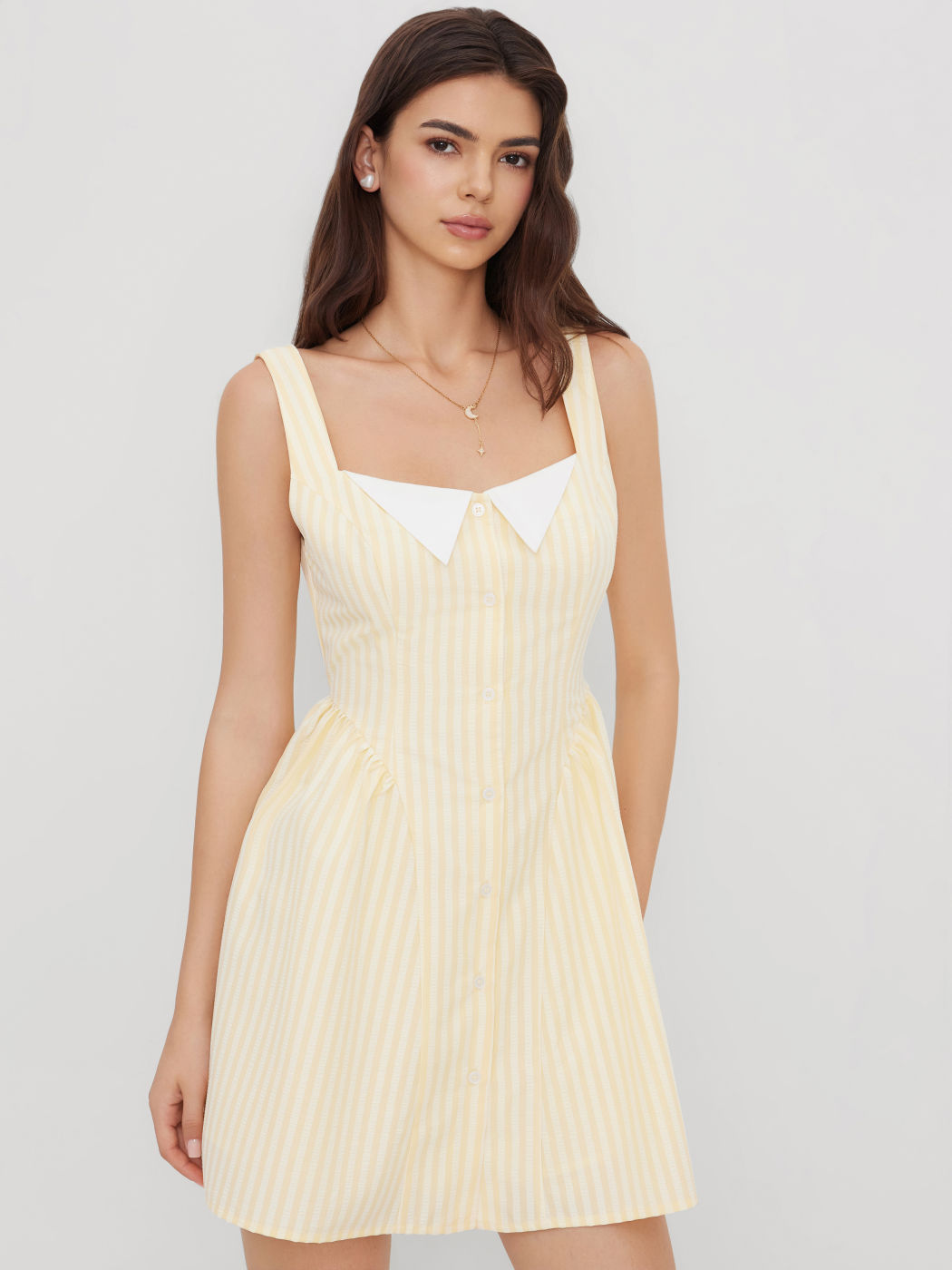 Cotton-blend Square Neck Stripe Ruffle Mini Dress