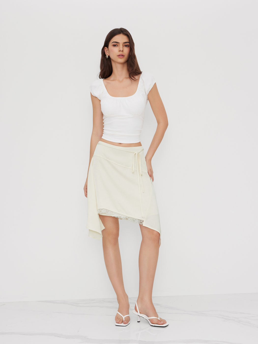 Mid Rise Asymmetrical Hem Lace Trim Knotted Midi Skirt