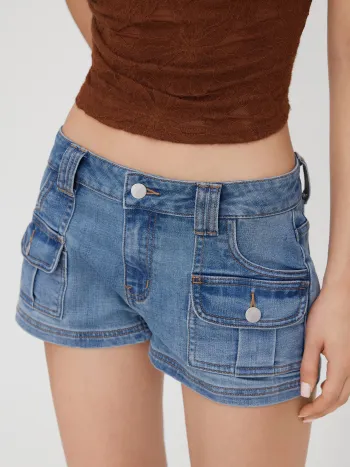 Stretch Cider Denim Niederliegende Taschen Mikro Shorts