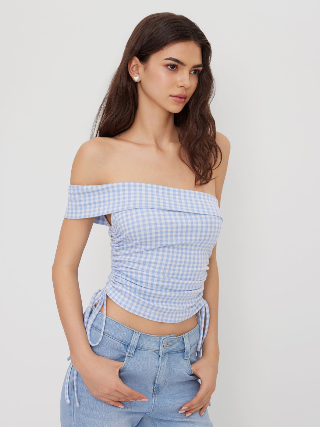 Asymmetrical Fold Over Neck Gingham Drawstring Bandeau Top
