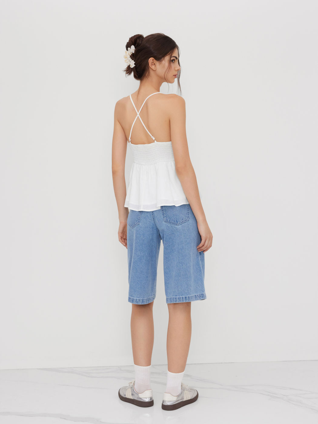 Linen-blend Shirred Hollow Out Ruffle Hem Cami Top
