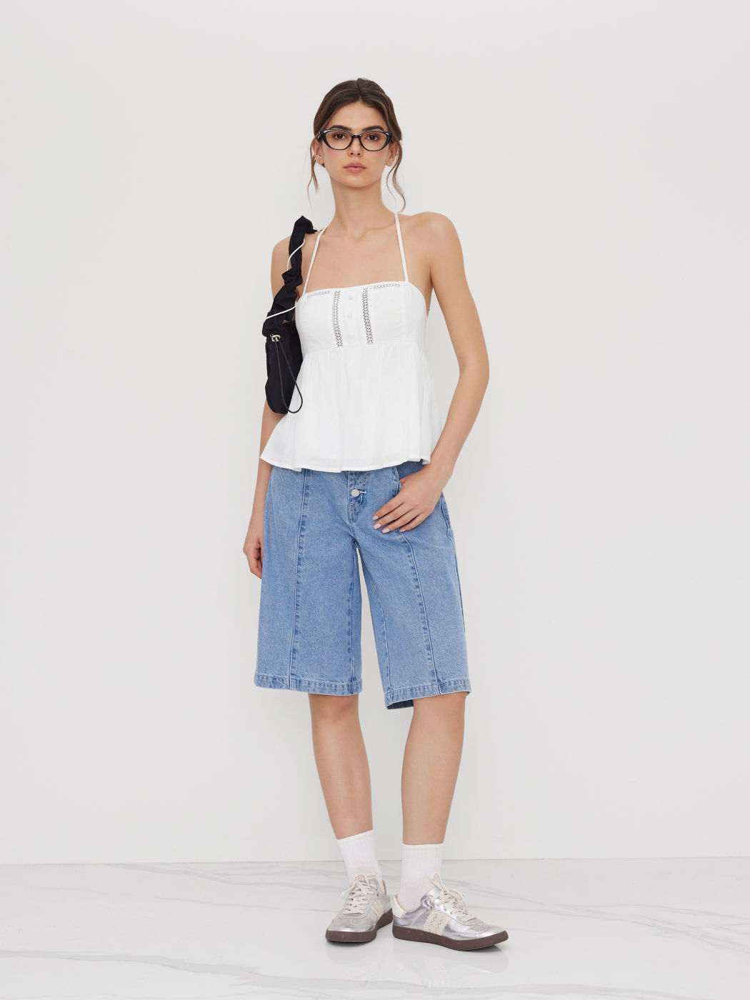 Linen-blend Shirred Hollow Out Ruffle Hem Cami Top