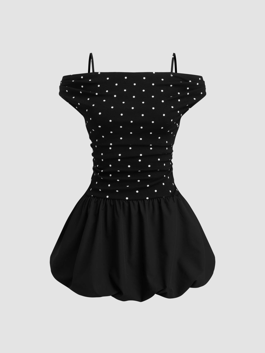 Cotton-blend Off-shoulder Polka Dot Ruched Bubble Hem Mini Dress