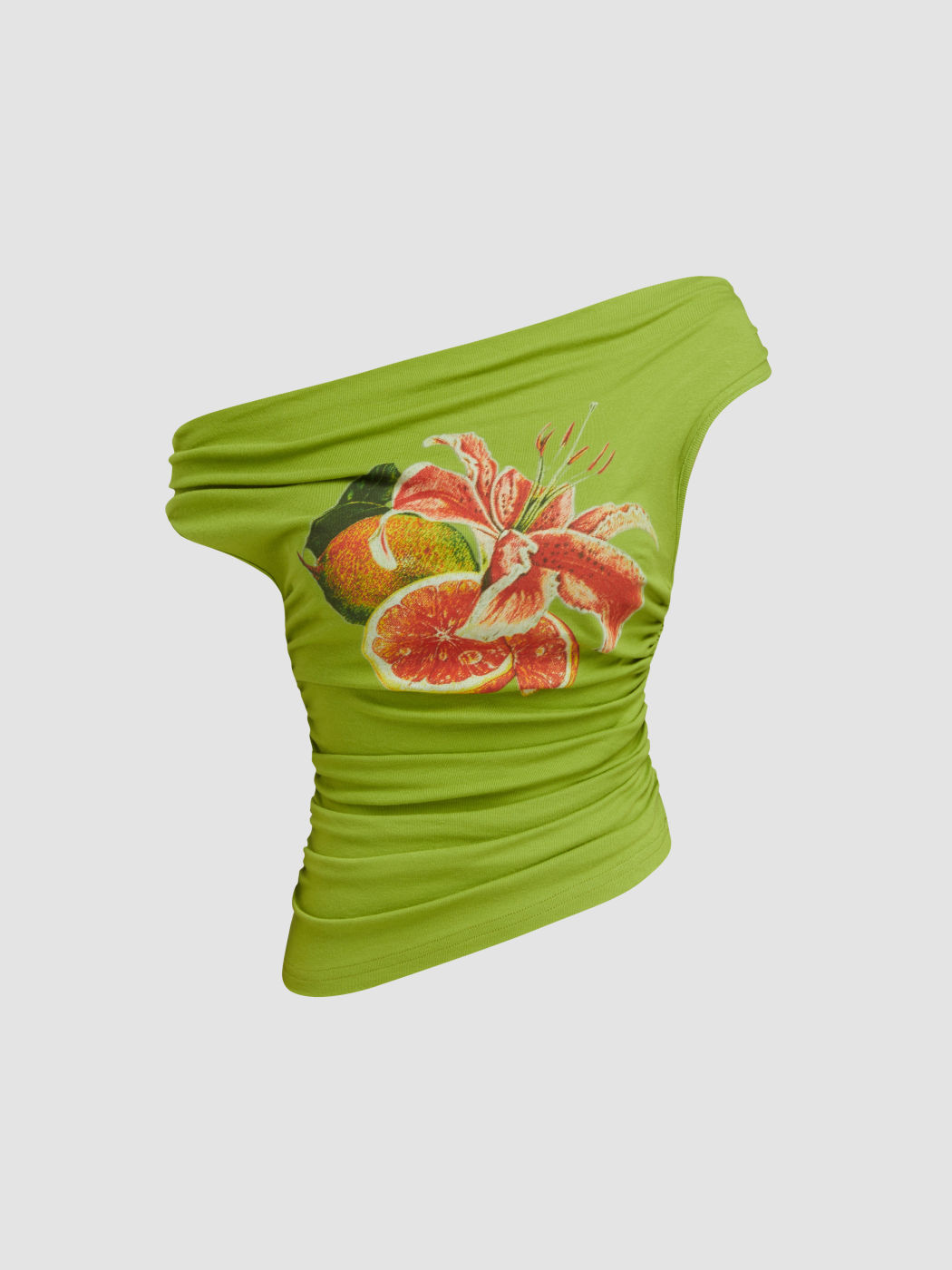 Jersey Asymmetrical Neck Floral Ruched Top
