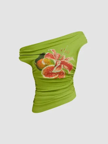 Jersey Asymmetrical Neck Floral Ruched Top