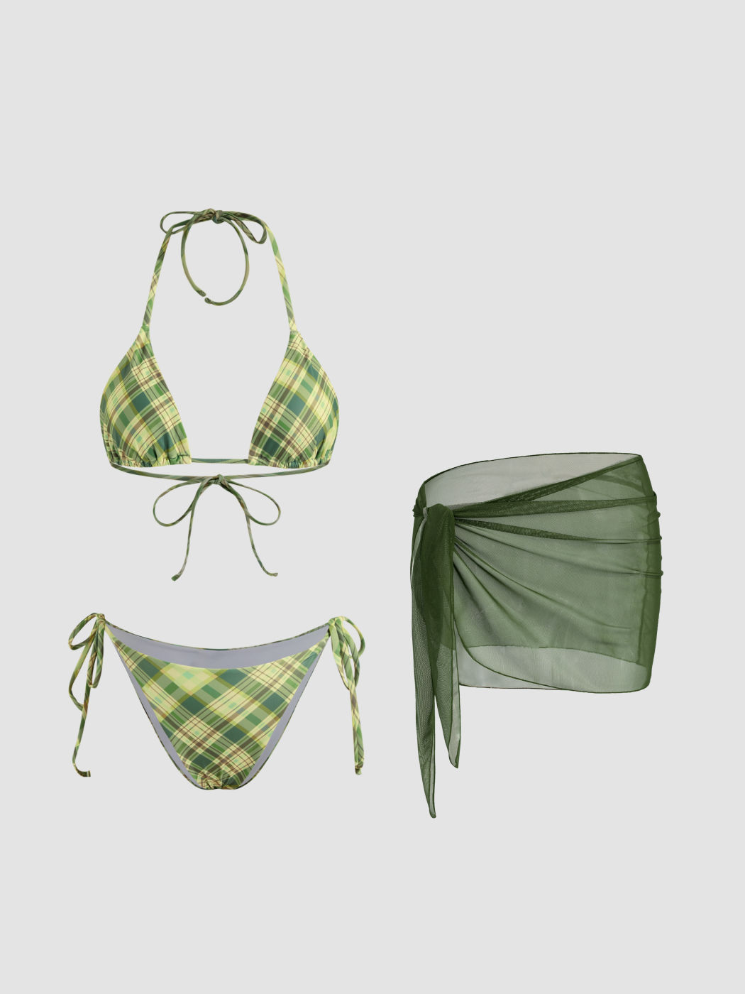 Halter Neckline Check Knotted Triangle Tie Side Bikini Set With Sarong