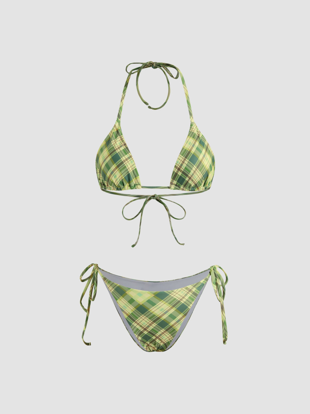Halter Neckline Check Knotted Triangle Tie Side Bikini Set With Sarong